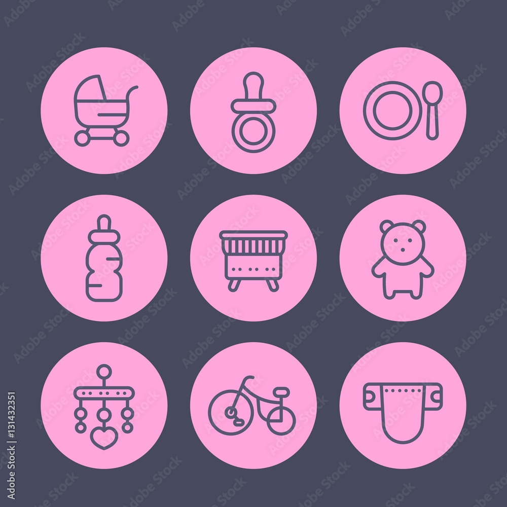 baby line icons set, pram, pacifier, toys, crib, diaper, tricycle, teddy-bear, feeding and care, vector illustration baby line icons set, pram, pacifier, toys, crib, diaper, tricycle, teddy-bear, feeding and care, vector illustration