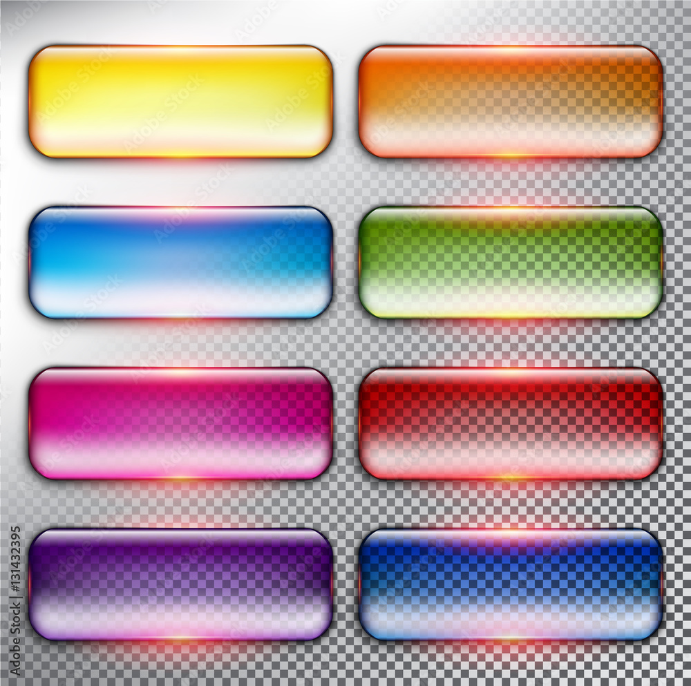 Abstract vector web buttons set of 8. Isolated with realistic, transparent glass shine and shadow on the light background. Vector illustration. Eps10. Abstract vector web buttons set of 8. Isolated with realistic, transparent glass shine and shadow on the light background. Vector illustration. Eps10.