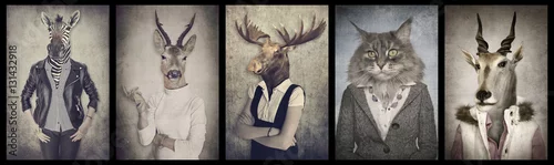 Obraz Zwierzęta w ubraniach. Koncepcja grafiki w stylu vintage. Zebra, dee