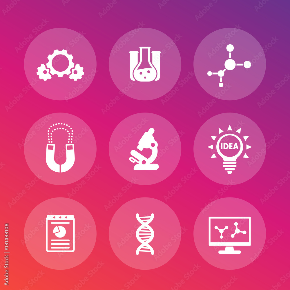 Science, laboratory study set, research, microscope, dna chain, lab glass, molecule, magnet, gears, vector illustration Science, laboratory study set, research, microscope, dna chain, lab glass, molecule, magnet, gears, vector illustration