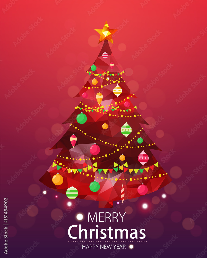 Merry christmas and happy new year red background. Red xmas pine tree in polygonal style with ornaments. Merry christmas and happy new year red background. Red xmas pine tree in polygonal style with ornaments.