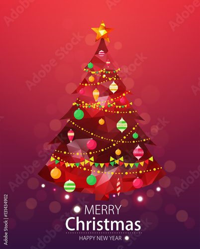 Merry christmas and happy new year red background. Red xmas pine tree in polygonal style with ornaments.