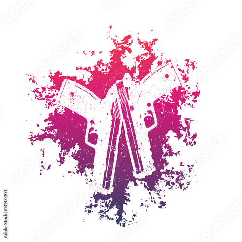 2 pistols on grunge splash, two crossed handguns on white background