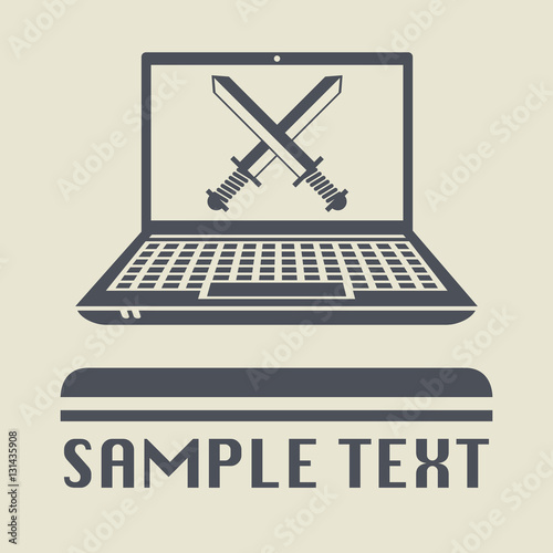 Laptop or notebook computer with two sword icon or sign