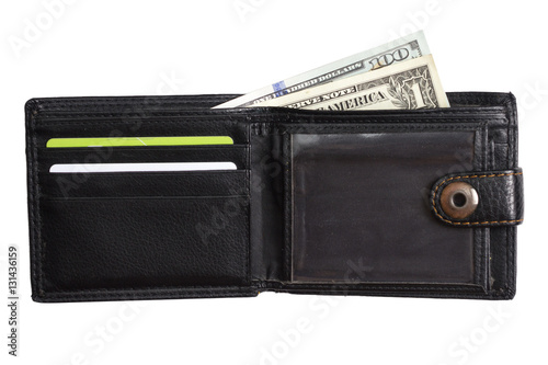 open  black  leather wallet with cash  dollars