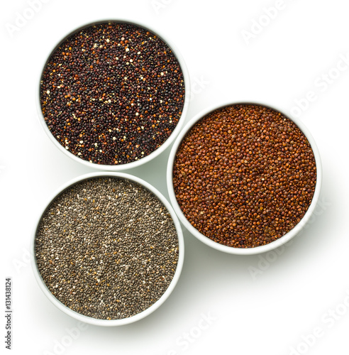 Red and black quinoa and chia seeds.