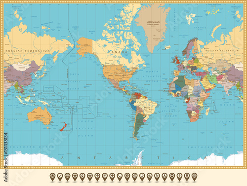World Map America Centered and map pointers. Retro color