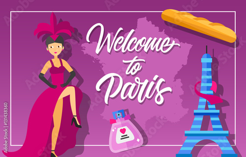 Welcome to Paris lettering and cancan girl