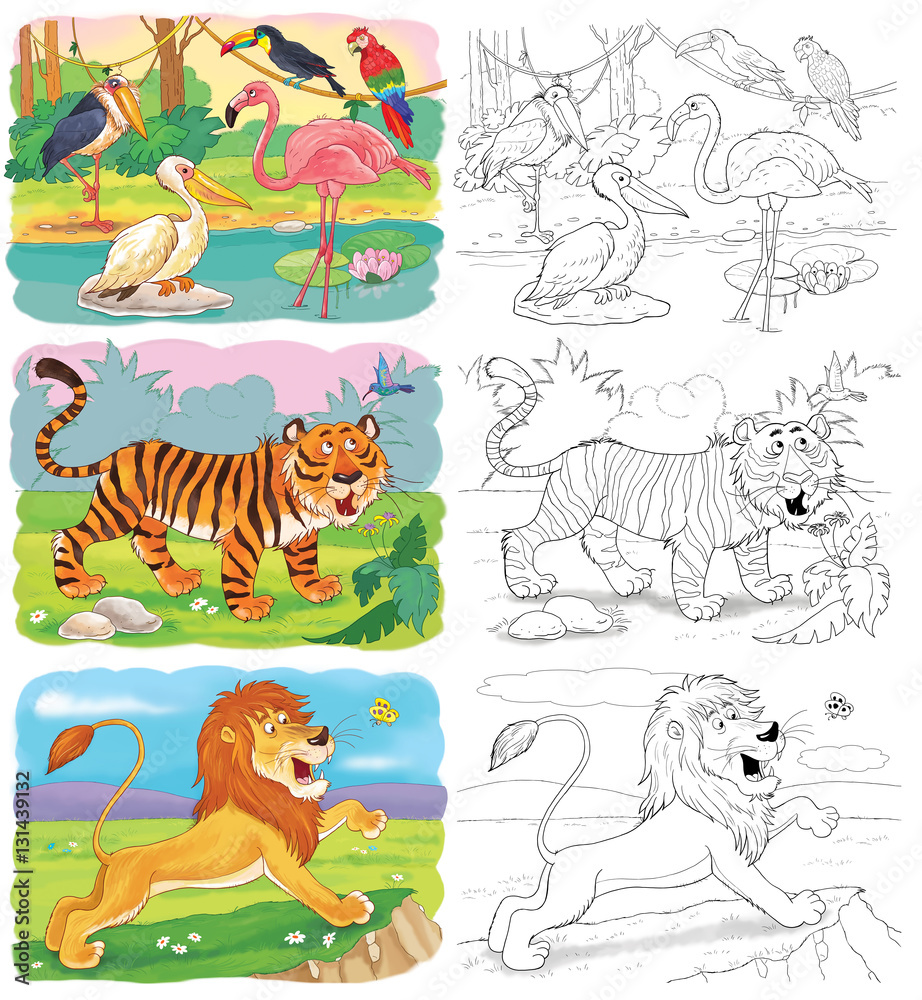 Naklejka premium Set of cute African animals. Coloring page. Illustration for children 