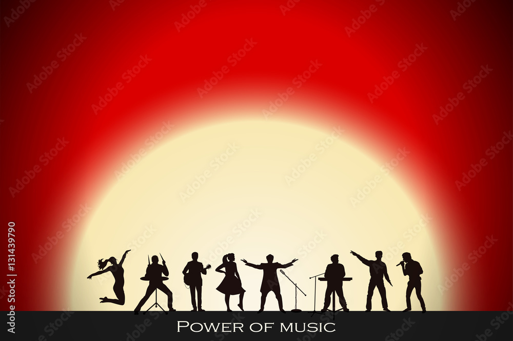 Band show on red sunset background. Festival concept. Set of silhouettes of musicians, singers and dancers. Vector illustration Band show on red sunset background. Festival concept. Set of silhouettes of musicians, singers and dancers. Vector illustration