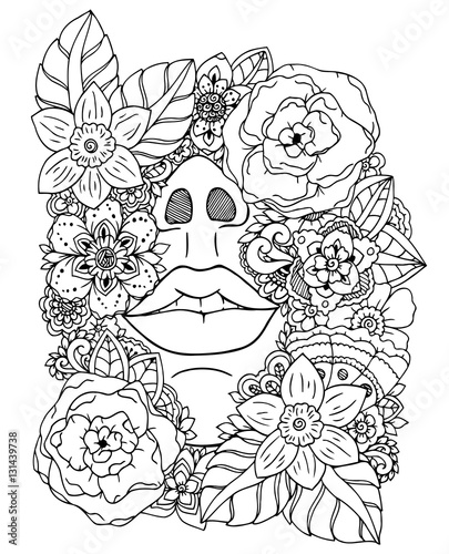 Vector illustration zentangl girl drowned in flowers. Doodle drawing. Meditative exercise. Coloring book anti stress for adults. Black and white.