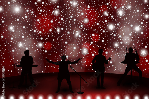 Band show concept with red light and stars. Set of silhouettes of musicians, singers and dancers. Vector illustration