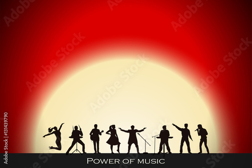 Band show on red sunset background. Festival concept. Set of silhouettes of musicians, singers and dancers. Vector illustration