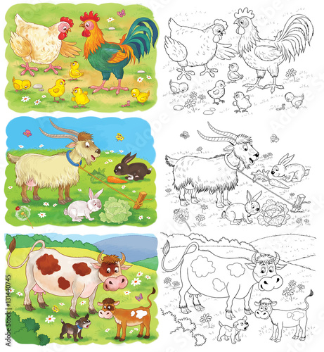 Set of cute farm animals. Coloring page. Cute hen  rooster  chicks  goat  rabbits   cow and calf.