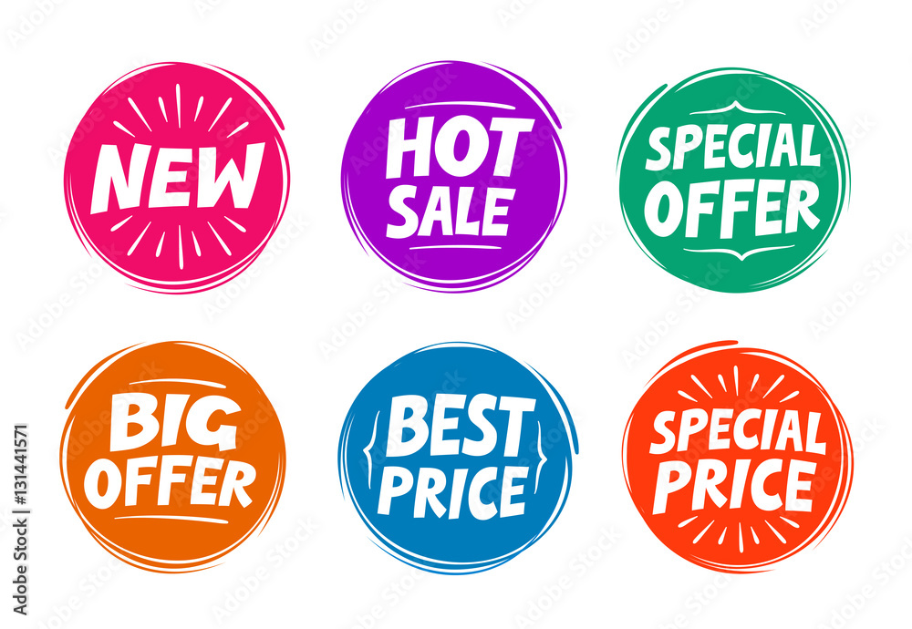 Collection symbols such as Special offer, Hot sale, Best price, New. Icons vector illustration