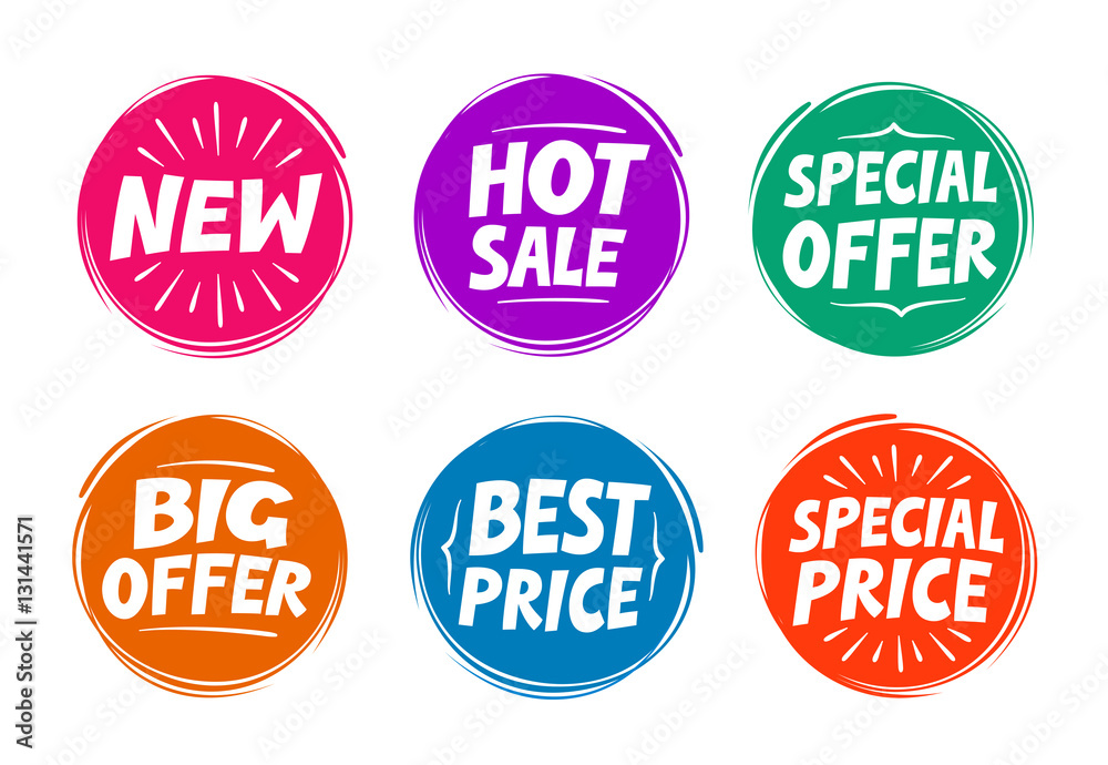 Collection symbols such as Special offer, Hot sale, Best price, New. Icons vector illustration Collection symbols such as Special offer, Hot sale, Best price, New. Icons vector illustration