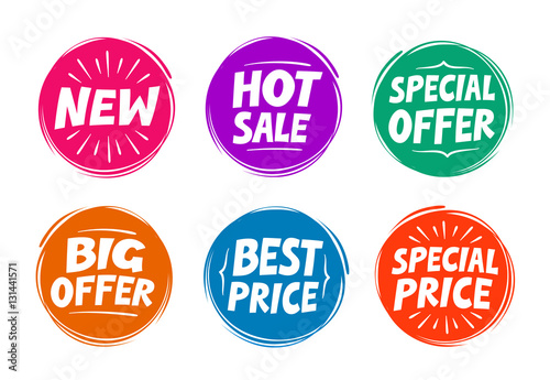Collection symbols such as Special offer, Hot sale, Best price, New. Icons vector illustration