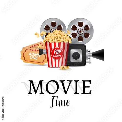 Cinema movie vector poster design template. Filmstrip, tickets. Movie time background banner shining sign