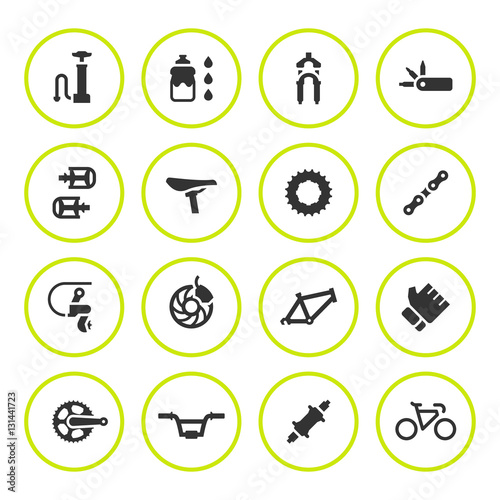 Set round icons of bicycle parts and accessories