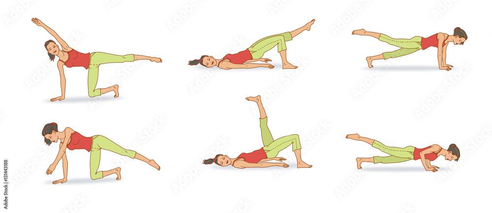 Pilates, swings and ups, Girl in a red T-shirt and light green shorts does exercises on a Pilates program: kick their feet, hands, and push-ups. On a white background Pilates, swings and ups, Girl in a red T-shirt and light green shorts does exercises on a Pilates program: kick their feet, hands, and push-ups. On a white background