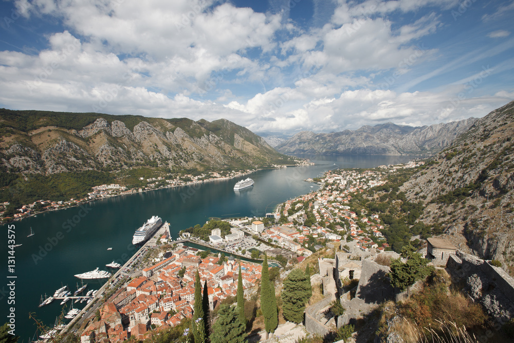 Beautiful view of the city, the port and the ships in the Bay of Kotor. 