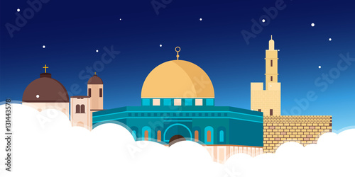 Travel to Israel, Jerusalem Poster skyline. Wailing wall. Vector illustration.