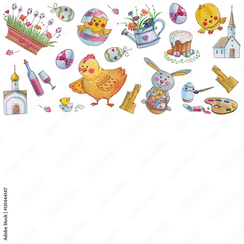 Naklejka premium Easter watercolor pattern Egg, chicken, rabbit