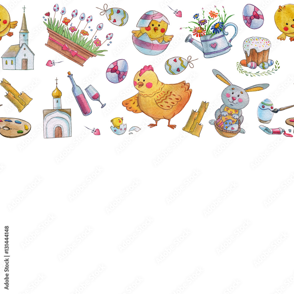 Naklejka premium Easter watercolor pattern Egg, chicken, rabbit