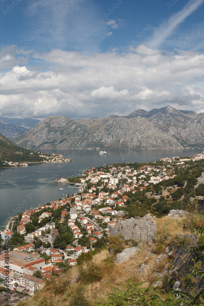 The view from the fortress of Kotor on the Bay of Kotor, the old town and the mountains