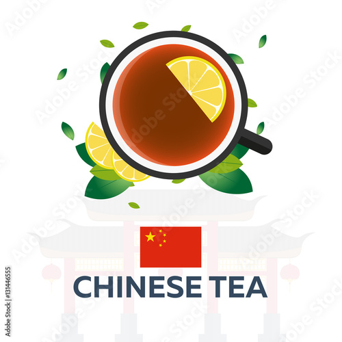 Tea time. Cup of tea with lemon. Chinese tea. Vector illustration.