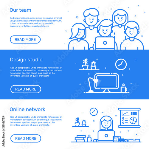 Vector illustration of set website banners with blue icon in flat line style. Linear cute and happy people teamwork. Design concept of our team, design studio, online network for website.