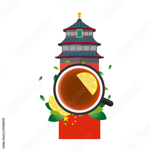 Tea time. Cup of tea with lemon. Chinese tea. Vector illustration.
