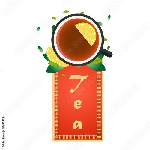 Tea time. Cup of tea with lemon. Chinese tea. Vector illustration.