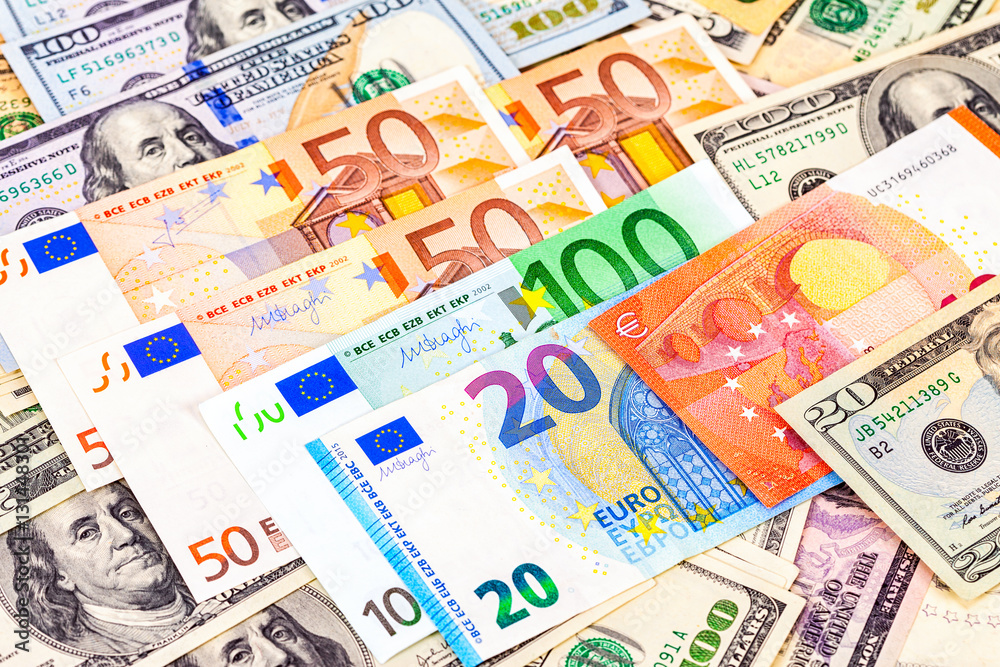 Money background from euro banknotes and american dollars