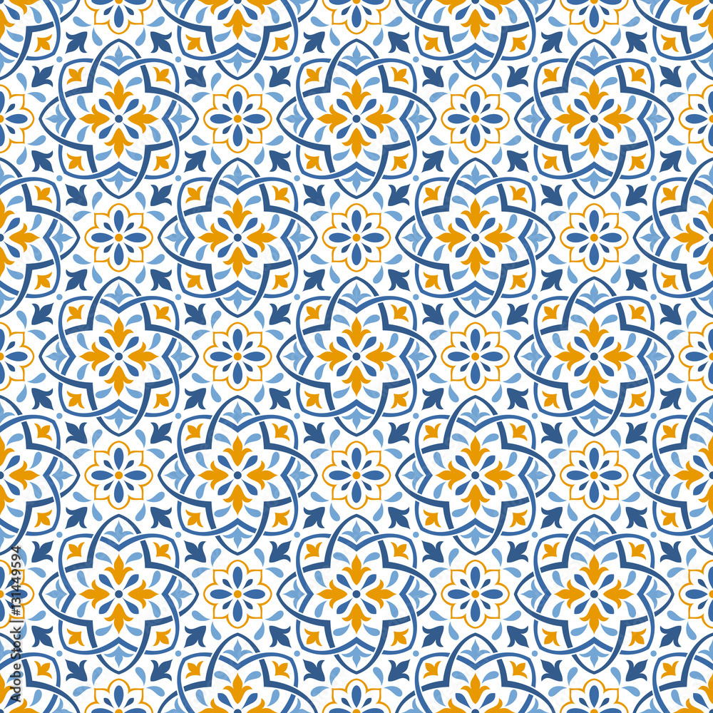Seamless background of beige and blue color in the style of Damascus. Vintage ornament. Use for wallpaper, printing on the packaging paper, textiles.
