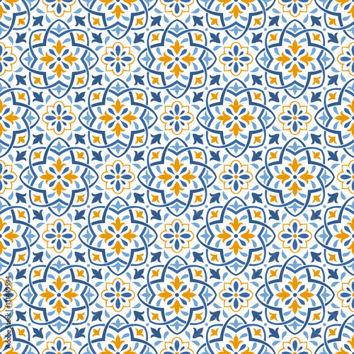 Seamless background of beige and blue color in the style of Damascus. Vintage ornament. Use for wallpaper, printing on the packaging paper, textiles.