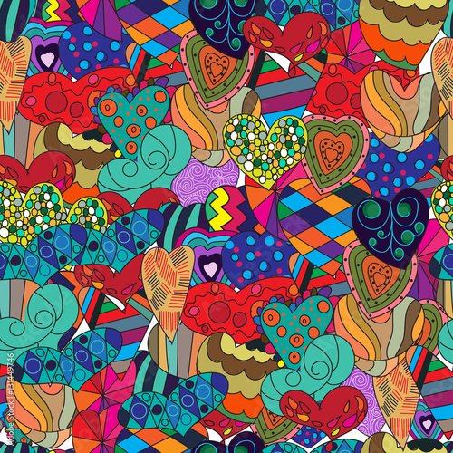 Decorative hearts beautiful and bright seamless pattern for fabric, greeting cards and congratulations. Wallpaper of different styled hearts