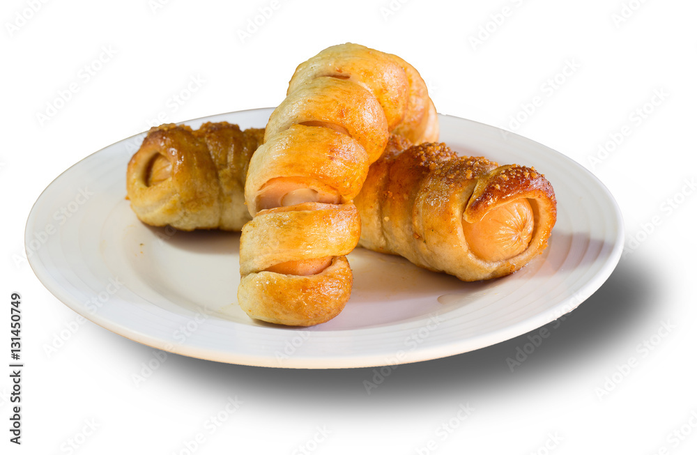 Pretzel spring Bread stuffed sausage and cheese in white dish / Isolated on white background
