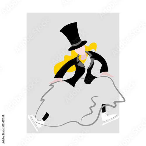 A woman in a tuxedo and top hat on skates. Cabaret on Ice. Bills, posters.