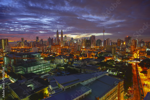 Canvas Print High aerial view of Kuala Lumpur city during Blue Hour.