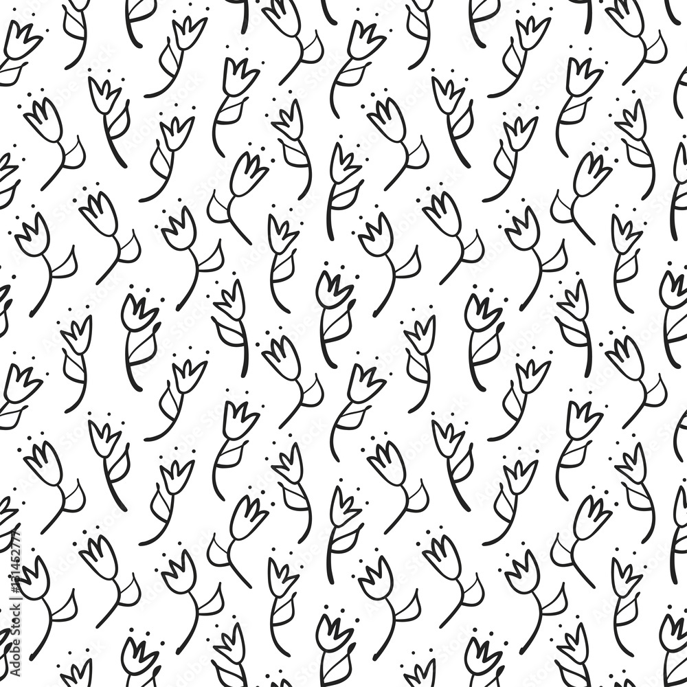 Doodle tulip seamless pattern. Simple black outline background. Sketch wallpaper. Vector illustration.