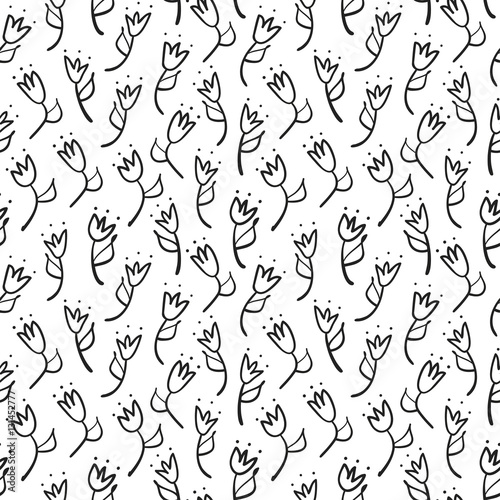 Doodle tulip seamless pattern. Simple black outline background. Sketch wallpaper. Vector illustration.