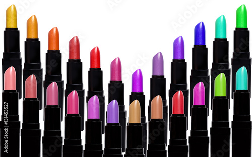 Set of color lipsticks forming V shape. Lipstick set isolated on