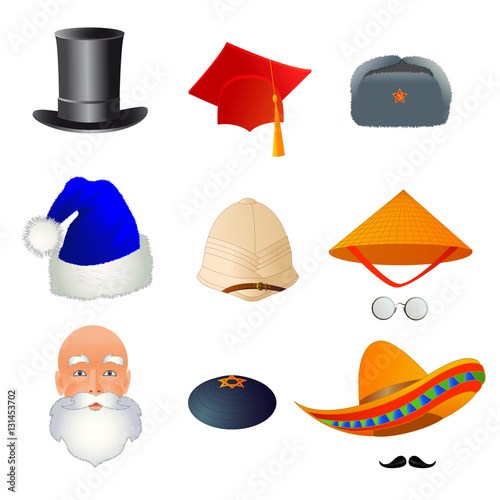 Set of cartoon top hats, different professions and nations. Vector