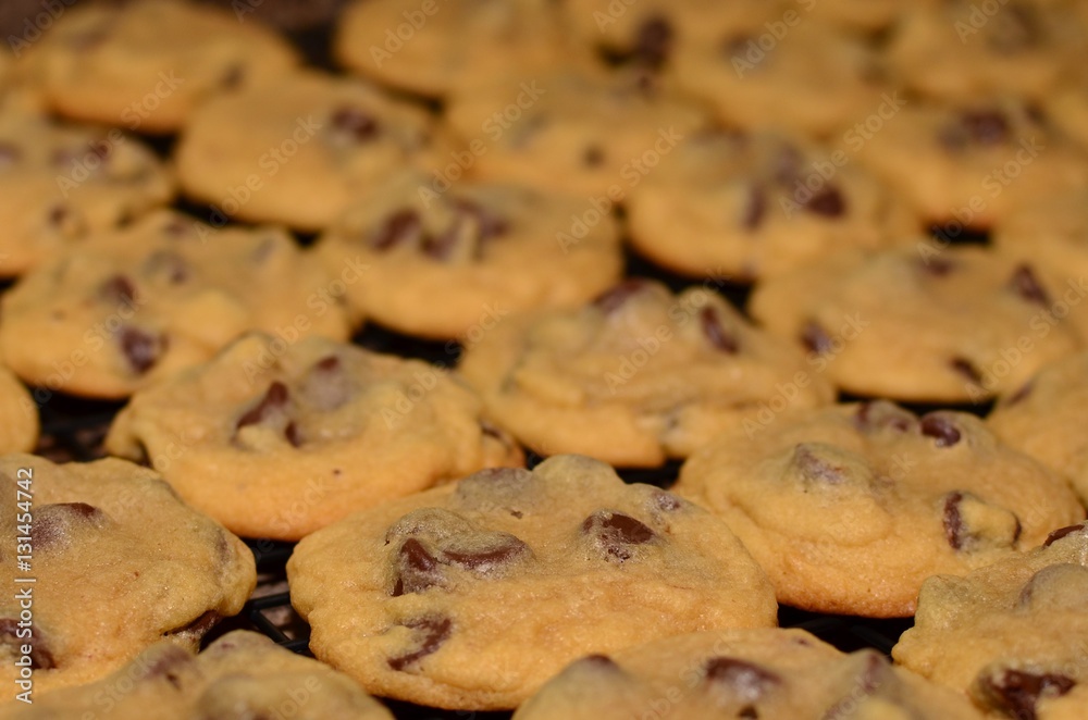Closeup of homemade chocolate chip cookies background Closeup of homemade chocolate chip cookies background