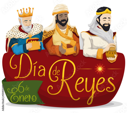 Three Magi over Sign for 'Dia de Reyes' or Epiphany, Vector Illustration