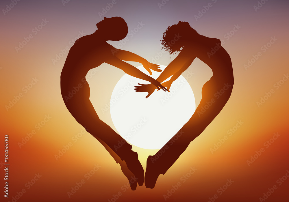 Couple - Amour - Saut - Coeur - Coucher de soleil Stock Vector | Adobe Stock