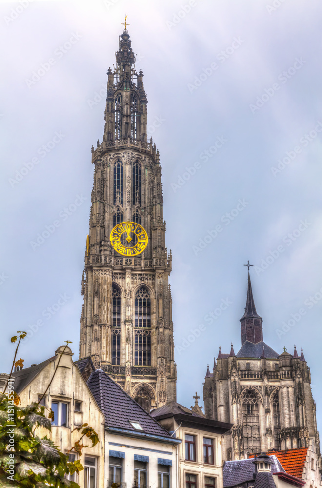 Cathedral of Our Lady in Antwerp and the house in the foreground, Belgium, HDR Image.
