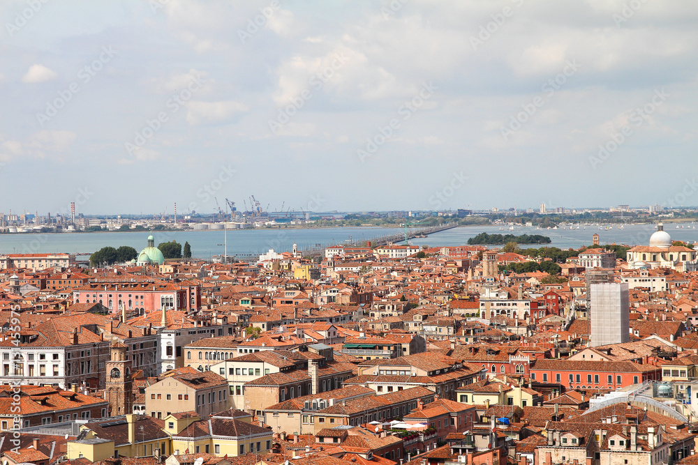 Venice aerial cityscape view with red tile roofs from San Marco Campanile