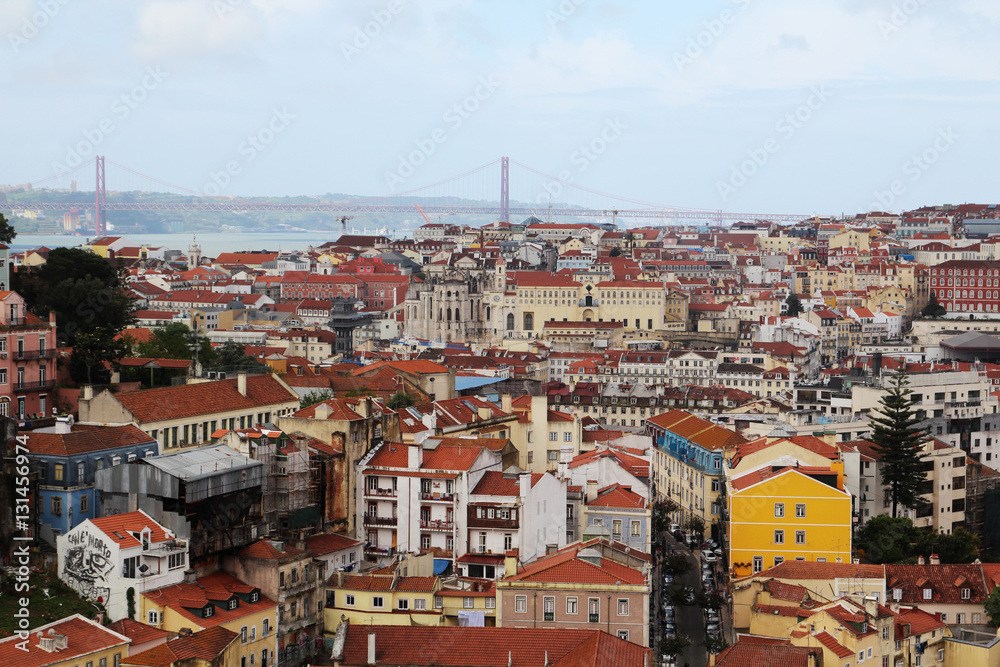 Lisbon Historical City and 25th of April Bridge Panorama, Portugal